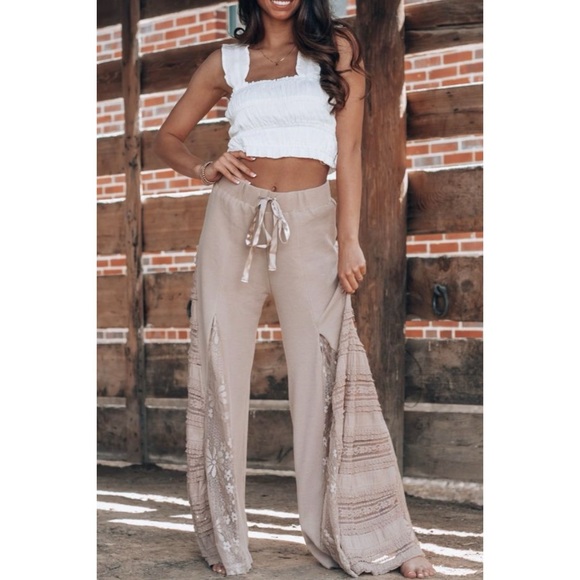 POL Mocha Latte Stretch Knit Lace Panel Wide Leg Pants - Picture 13 of 14